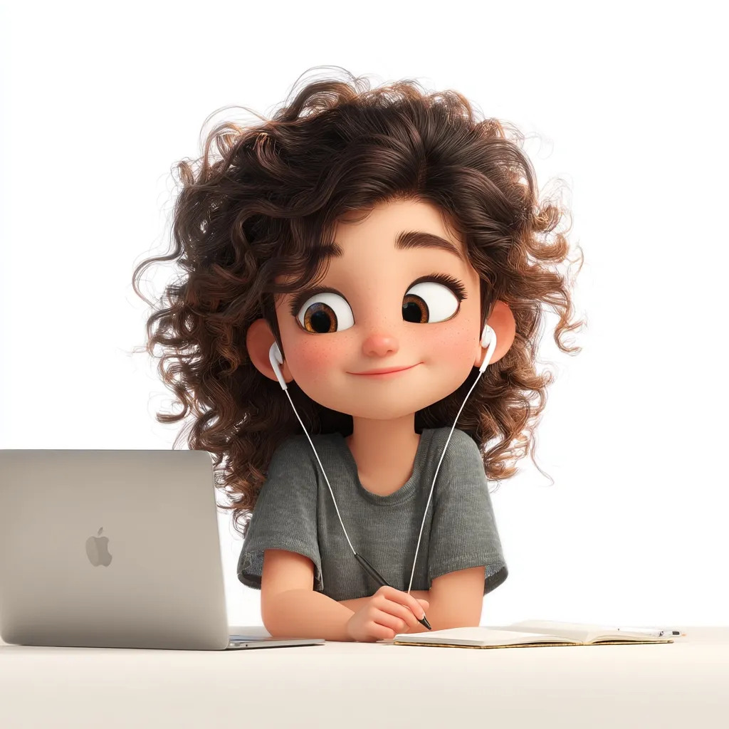 A charming cartoon girl with curly brown hair and large expressive eyes sits at a table.  She wears earbuds and a gray t-shirt, attentively writing in a notebook beside a laptop.  Her cheerful expression and relaxed posture suggest a moment of focused study or creative work. The overall style is cute and digitally rendered.