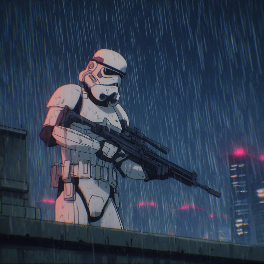 A stormtrooper stands on a rooftop in the rain, holding a rifle.  The scene is rendered in a stylized anime art style, with a dark, moody atmosphere.  City lights are visible in the background, blurred by the downpour. The stormtrooper's armor is detailed, showing the effects of the rain.  The overall impression is one of solitude and vigilance.