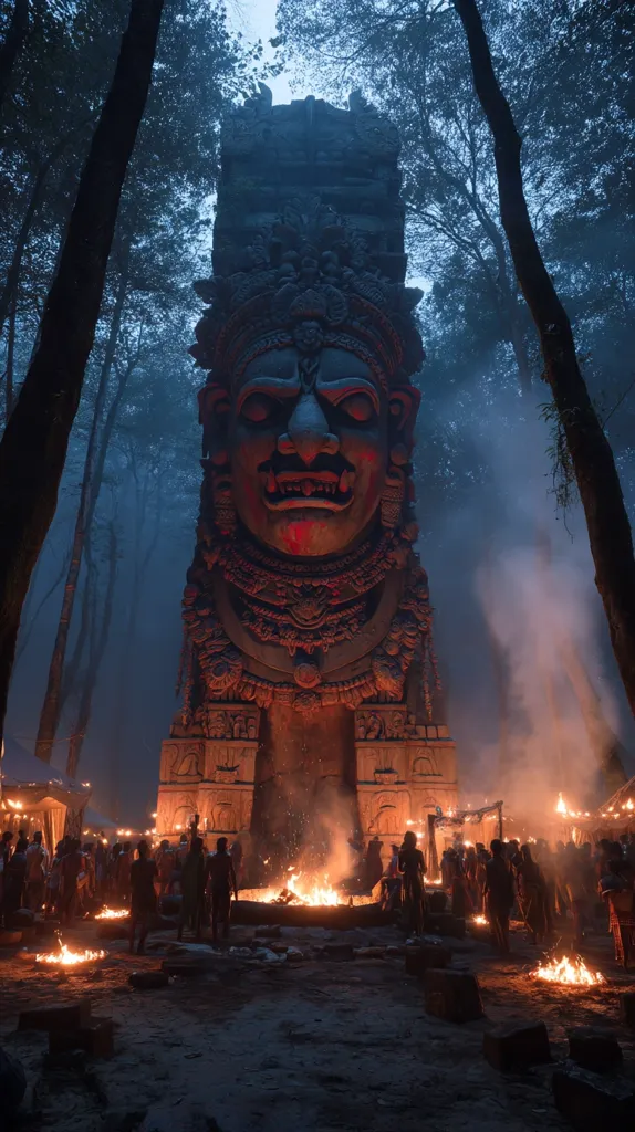 A colossal stone statue, resembling a deity with intricate carvings, dominates a nighttime scene.  Surrounding it, a group of people are gathered in a forest clearing, with fires burning at its base, creating a mystical and ceremonial atmosphere. The statue's imposing presence and the surrounding flames suggest a ritual or significant event. The dark forest backdrop adds to the image's dramatic and mysterious quality.