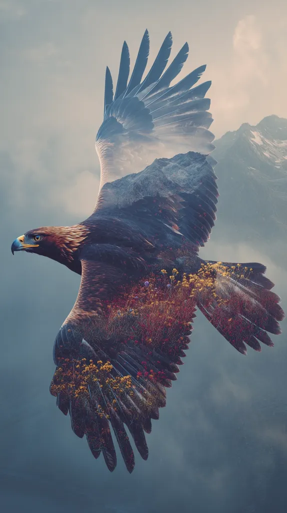 A majestic golden eagle soars through a misty sky, its wings outstretched.  The image is a double exposure, seamlessly blending the eagle with a vibrant mountain landscape.  Wildflowers and rugged peaks appear within the eagle's feathers, creating a surreal and breathtaking visual of nature's power and beauty. The overall tone is serene and ethereal.
