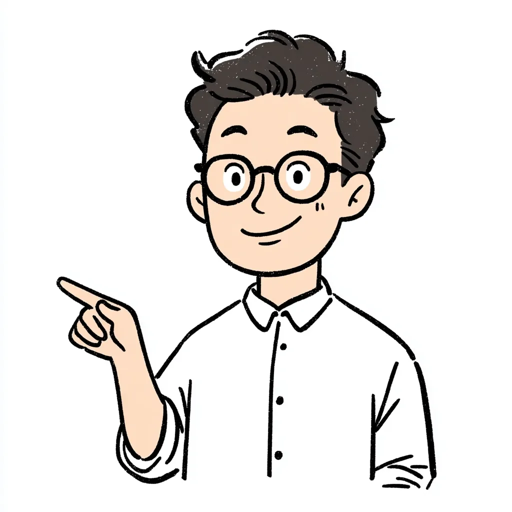A cartoon illustration of a young man with short, dark hair and glasses. He's wearing a light-colored, button-down shirt and is pointing to his left with a friendly expression.  The style is simple and slightly textured, conveying a casual and approachable demeanor.
