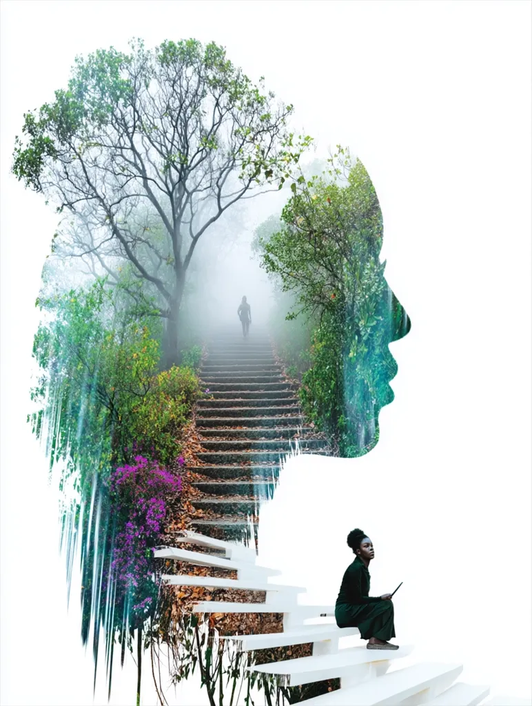 A double exposure image shows a woman's face superimposed on a misty forest scene with a staircase leading upwards.  A second woman sits on a modern white staircase at the bottom, holding a tablet. The composition suggests a journey of self-discovery, the forest representing inner thoughts and the stairs symbolizing progress or a path to enlightenment.  The overall effect is surreal and evocative.