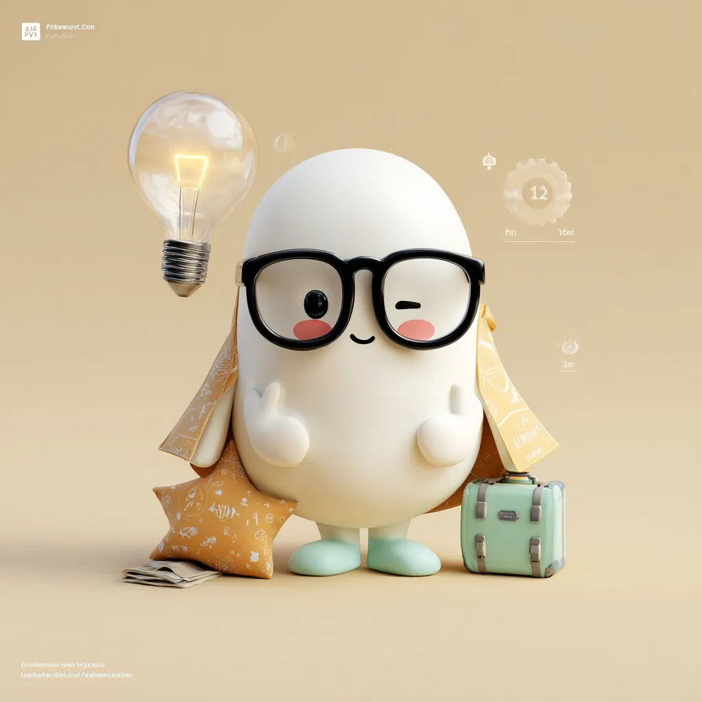 A charming 3D-rendered character, resembling a white bean with glasses, winking mischievously.  It's dressed in a miniature cape and carries a tiny suitcase, suggesting travel. A glowing lightbulb floats nearby, symbolizing an idea.  The overall aesthetic is playful and cute, hinting at adventure and inspiration.