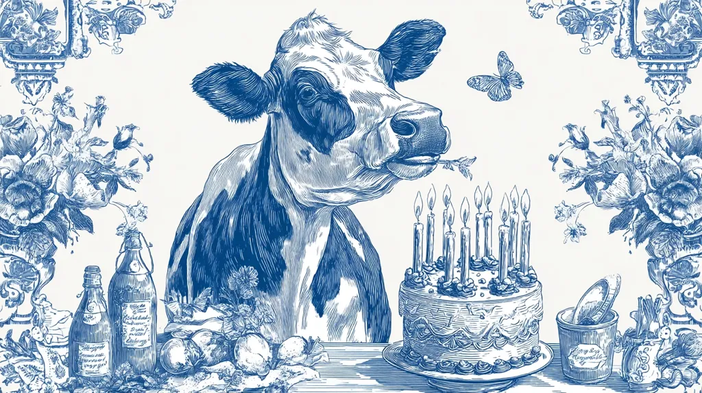 A blue and white illustration depicts a cow enjoying a birthday celebration.  The cow, drawn in a detailed, almost engraved style, sits before a multi-layered cake with lit candles.  Surrounding the central scene are ornate floral arrangements and bottles, creating a vintage, whimsical feel.  A butterfly adds to the festive atmosphere.  The overall style suggests a sophisticated, possibly antique, aesthetic.