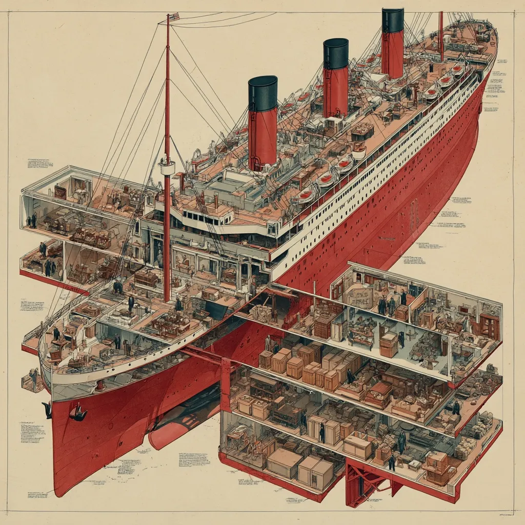 A detailed cutaway illustration reveals the intricate inner workings of a large passenger liner.  The image shows the ship's multiple decks, revealing passenger cabins, storage areas, engine rooms, and crew quarters.  The exterior hull and the three prominent smokestacks are clearly visible.  The drawing style is reminiscent of vintage technical diagrams, with meticulous attention to detail.  The overall effect is a fascinating glimpse into the complexity of a grand ocean liner.
