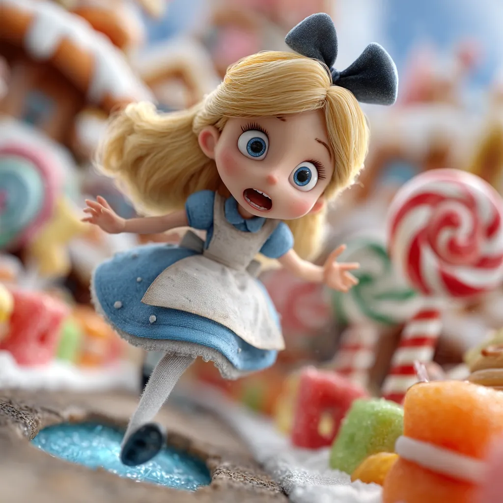 A stylized Alice in Wonderland character, rendered in 3D, stands in a candy-themed environment.  She's wearing her iconic blue dress and has large, expressive eyes, her mouth open in surprise.  She appears to be stepping into a puddle, surrounded by gingerbread houses, lollipops, and other sweets. The overall style is whimsical and slightly unsettling, suggesting a surreal and perhaps slightly dangerous adventure.