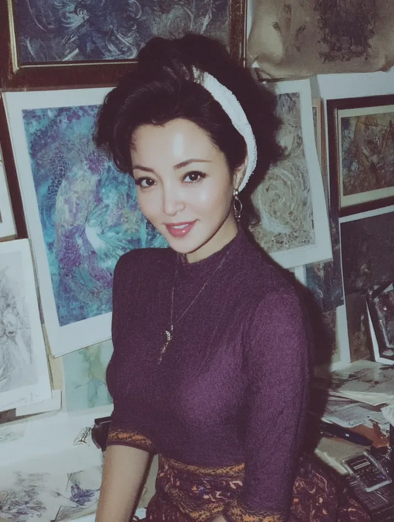 A young woman with dark hair styled in a retro updo and a white headband smiles gently at the camera.  She's wearing a deep purple sweater and a patterned skirt.  The background is filled with numerous framed artworks, suggesting an artist's studio or gallery. Her expression is soft and approachable, and she wears a delicate necklace. The overall ambiance is artistic and intimate.