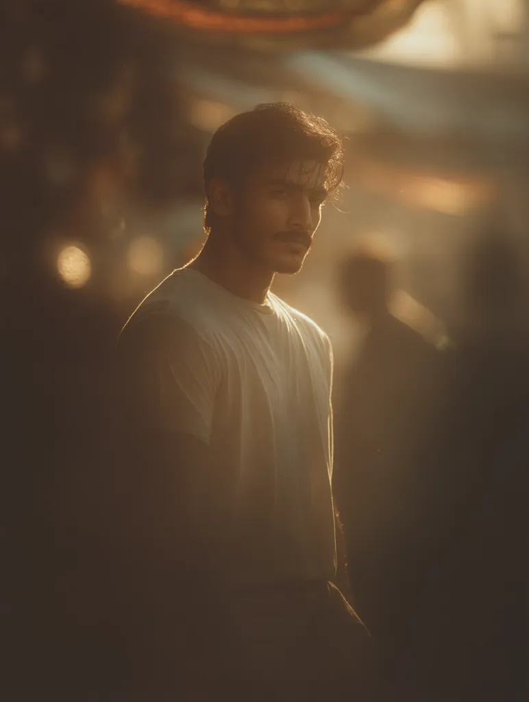 A young man with dark hair and a mustache stands in soft, golden sunlight. He wears a simple, light-colored t-shirt. The background is blurred, suggesting a busy, outdoor setting.  The light illuminates him from the side, casting a warm glow on his face and shoulders. His expression is serious and contemplative.  The overall mood is serene and slightly melancholic.