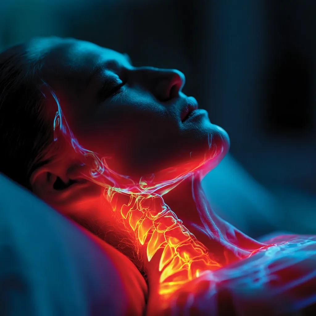 A stylized image depicts a person lying down, their neck and face illuminated in vibrant red and blue hues.  The cervical spine is highlighted in bright orange, creating a surreal, almost x-ray-like effect.  The overall mood is dramatic and suggestive of pain or medical imaging. The lighting and color contrast emphasize the anatomy of the neck and throat.