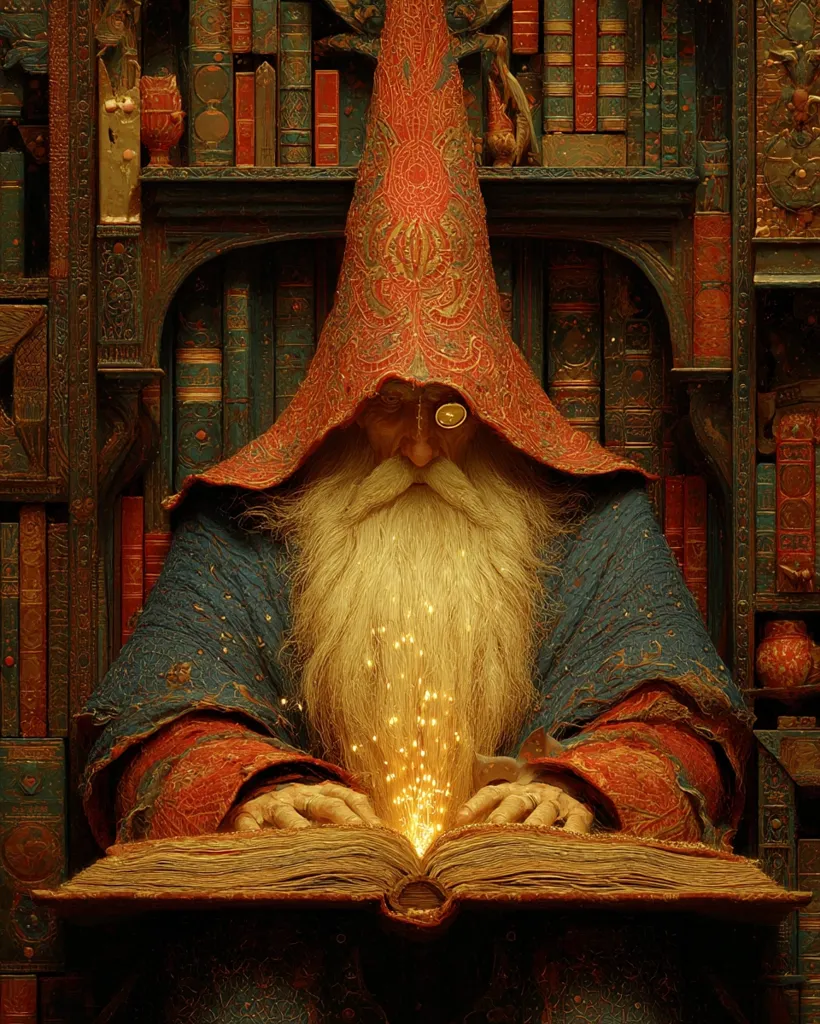 An aged wizard, adorned in a richly embroidered red and gold robe and pointed hat, sits amidst towering bookshelves.  His long white beard glows with magical light emanating from an open, ancient book resting on his lap. The scene is meticulously detailed, evoking a sense of timeless wisdom and arcane power within a grand, scholarly setting.