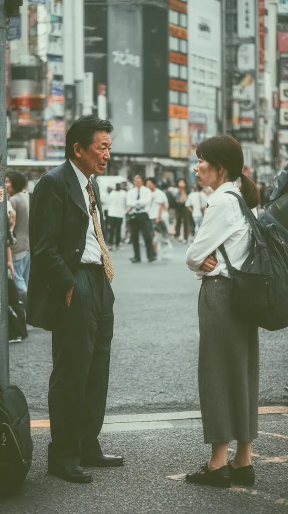 A man in a dark suit and a woman in a white shirt and grey pants stand on a city street, seemingly engaged in conversation.  The city backdrop is bustling with blurred figures and buildings. The woman carries a backpack. The scene suggests a brief encounter in a busy urban environment. The man's expression is serious, while the woman's is more neutral.