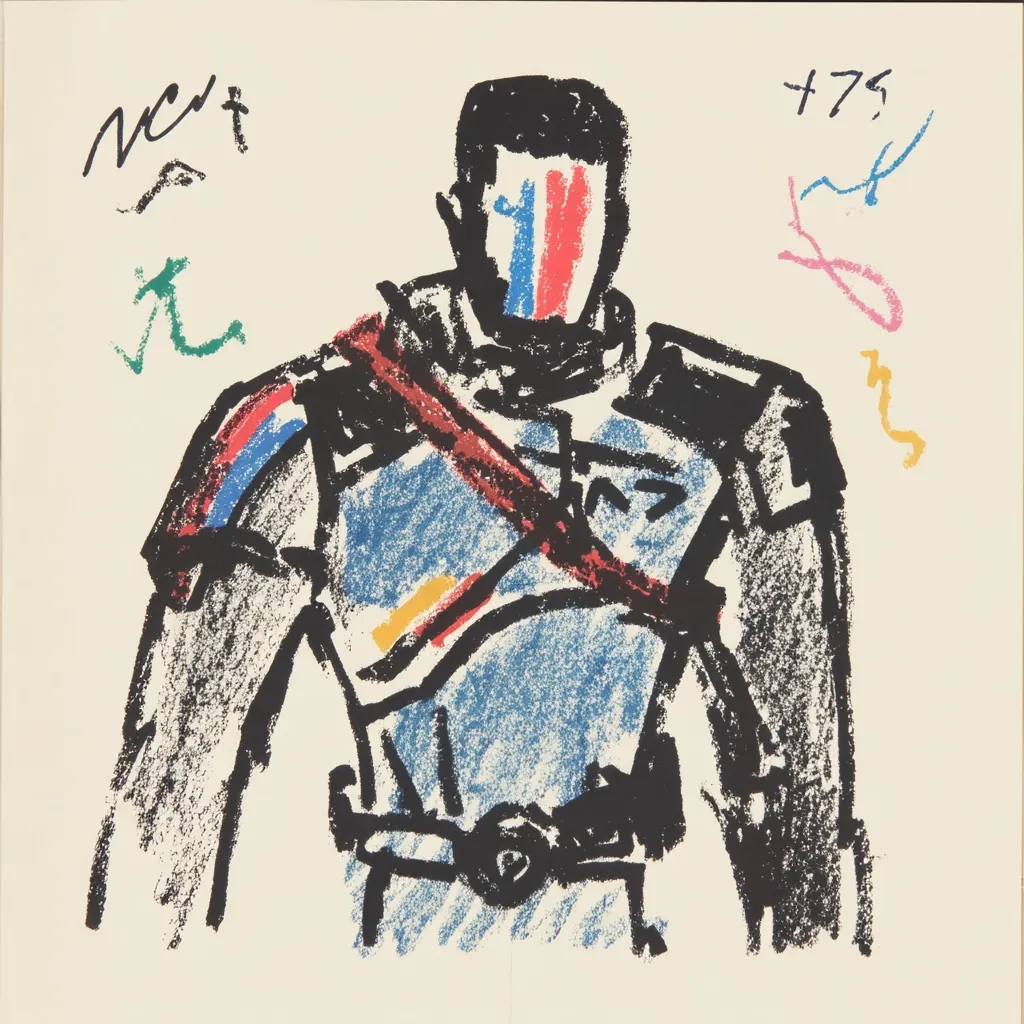 A stylized, expressive figure dominates the artwork, rendered in bold strokes of black, blue, red, and yellow. The figure's face is a block of color, reminiscent of a mask, while the body suggests armor or clothing with broad, gestural brushwork.  The background includes scribbled annotations and abstract markings, enhancing the artwork's raw, dynamic energy.  The style is reminiscent of quick sketches or impulsive artistic expression.