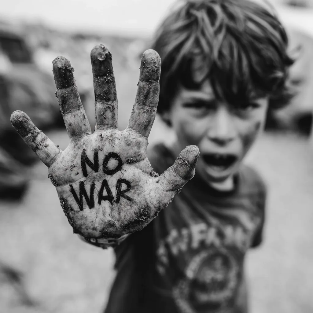 A black and white photo shows a child's dirty hand held up, palm facing the viewer.  The words "NO WAR" are written in the grime covering the hand. The child's face is out of focus in the background, but shows a distressed expression. The image powerfully conveys the impact of war on children.