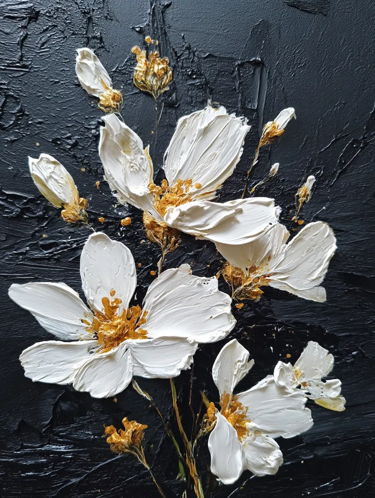 A richly textured impasto painting showcases a bouquet of white flowers against a dark, almost black background.  The artist uses thick, visible brushstrokes to create a three-dimensional effect on the petals, highlighting their delicate form.  Gold accents in the flower centers add a touch of elegance and contrast to the monochromatic palette. The overall mood is one of dramatic beauty and sophisticated simplicity.