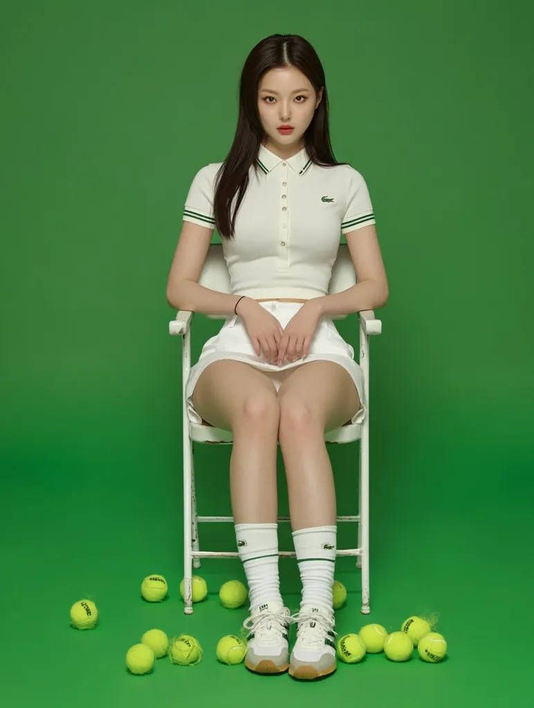 A young woman with long dark hair sits on a white chair against a bright green backdrop. She's dressed in a white Lacoste tennis-style shirt and skirt, white socks, and sneakers.  Several tennis balls are scattered around her on the floor. The overall aesthetic is clean, stylish, and subtly sporty.