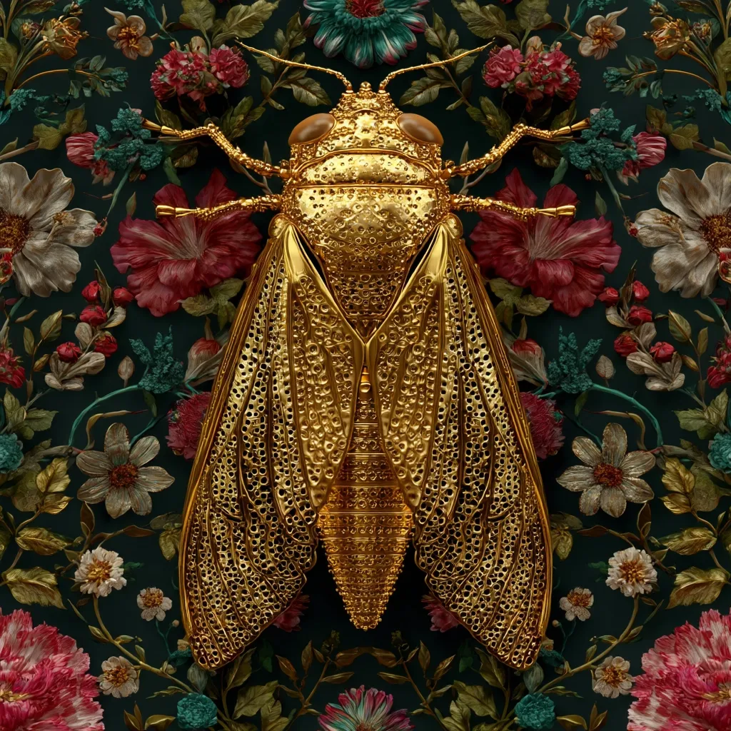 A detailed close-up reveals a meticulously crafted golden cicada, its intricate, lace-like wings spread against a backdrop of a lush, dark green floral tapestry. The cicada, rendered in gold with a textured surface, appears almost jewel-like. The floral pattern features a variety of blooms in rich reds, pinks, and whites, creating a striking contrast against the dark background. The image is a visually arresting juxtaposition of nature and artistry.