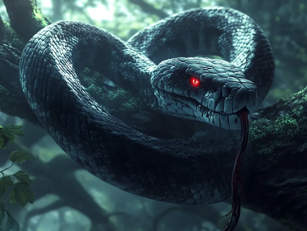 A large, dark-colored snake with glowing red eyes is coiled around a tree branch in a shadowy forest.  Its scales are textured and detailed, and its forked tongue hangs down. The overall atmosphere is dark and mysterious, emphasizing the snake's ominous presence within the lush, green environment.  The image appears to be a digital rendering.