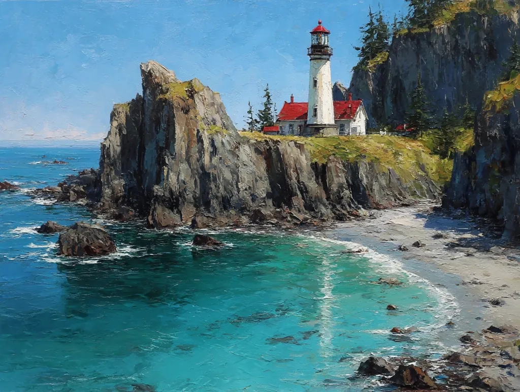 A picturesque coastal scene showcases a white lighthouse with a red roof perched atop dramatic, dark cliffs.  The turquoise water laps gently at a small, sandy beach nestled between the rocks.  Lush green vegetation clings to the cliff edges, contrasting with the rugged stone. The sky is a clear, bright blue, suggesting a sunny day. The overall impression is one of serene coastal beauty.