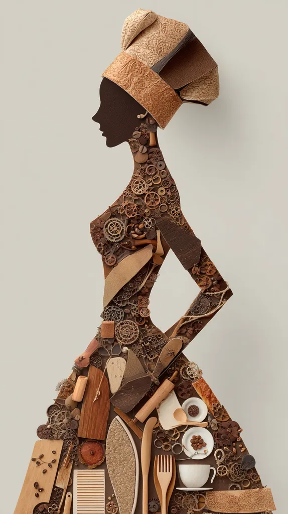 A silhouette of a woman in a headwrap is crafted from an assortment of small, brown, wooden objects.  The dress is meticulously constructed from various shapes and sizes of wood, creating texture and depth.  The overall effect is a striking and unique piece of art, showcasing both artistic skill and the beauty of repurposed materials.  Small details, like a teacup and utensils, add a touch of whimsy.