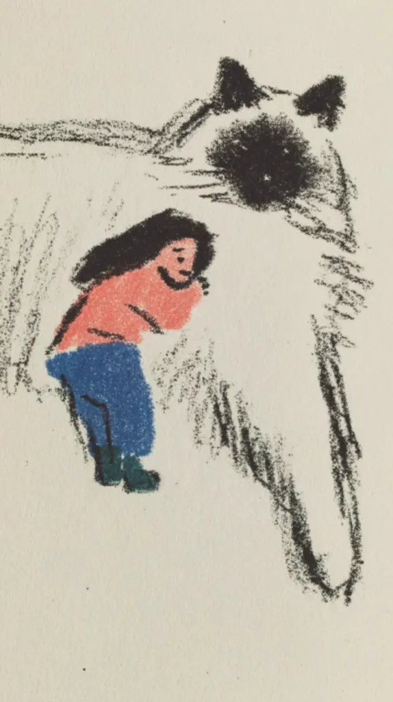 A child-like drawing depicts a person in a coral shirt and blue pants crouching behind a large fluffy cat. The cat's head is prominent, with dark fur contrasted against its lighter body.  The style is loose and expressive, using crayon-like strokes for texture and color. The overall tone is whimsical and heartwarming.