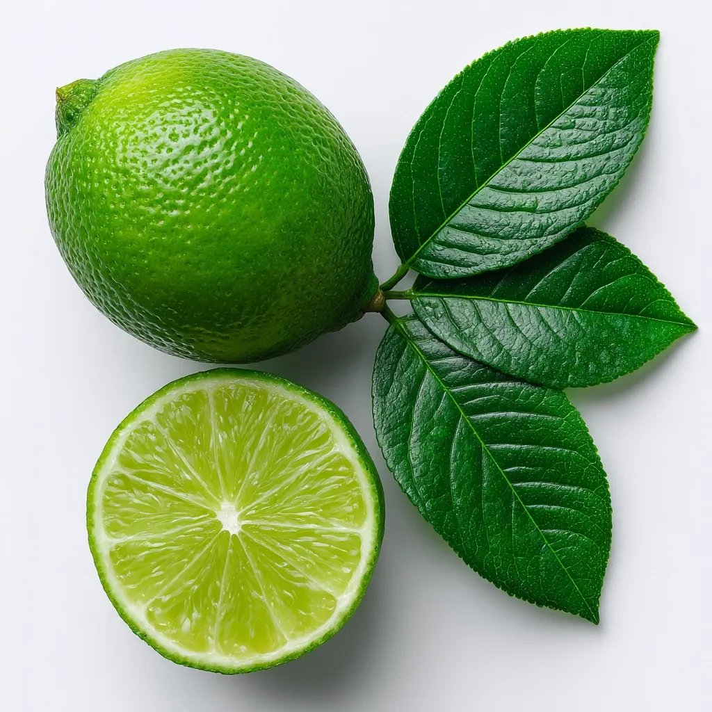 A whole lime and a lime cut in half are displayed against a white background, accompanied by several vibrant green leaves attached to the lime. The lime's bright green skin is smooth and glistening, while the inside reveals a juicy, pale green flesh.  The leaves are deeply veined, adding to the freshness of the image.
