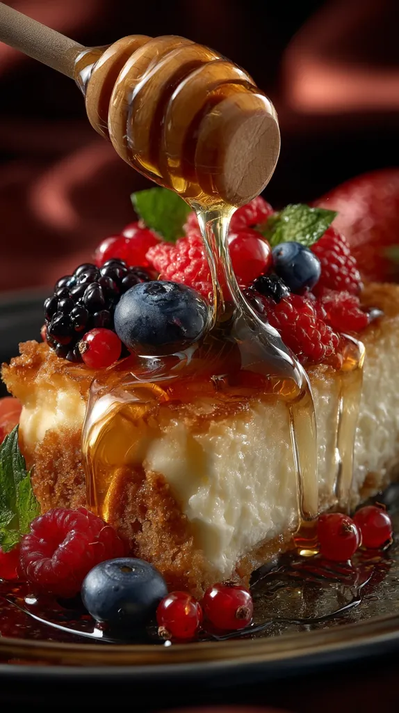 A delectable slice of cheesecake, adorned with a medley of fresh berries like raspberries, blueberries, and blackberries, is drizzled with golden honey from a wooden dipper.  The rich, creamy cheesecake rests on a dark plate, surrounded by more berries, creating a visually stunning and mouthwatering dessert. The close-up shot emphasizes the texture and color contrast, highlighting the sweetness of the treat.