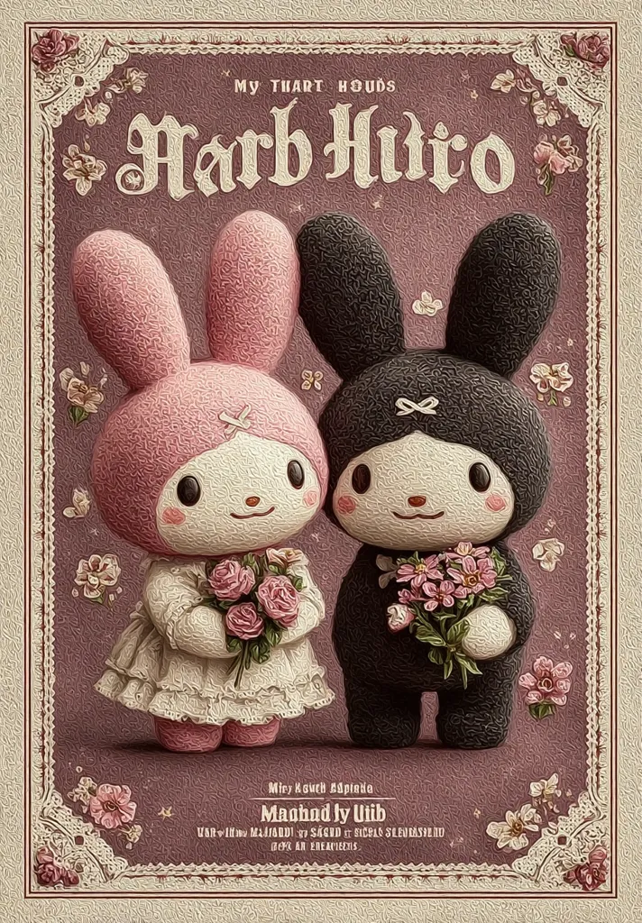 A charming illustration depicts My Melody and Kuromi, the Sanrio characters, styled as a wedding couple.  My Melody, in a pink dress, holds a bouquet of pink roses, while Kuromi, in black attire, holds a similar bouquet of darker flowers.  The image features a vintage-inspired border with lace details and floral accents. The title "Harb Huro" is prominently displayed, along with artist credits. The overall aesthetic is romantic and whimsical.