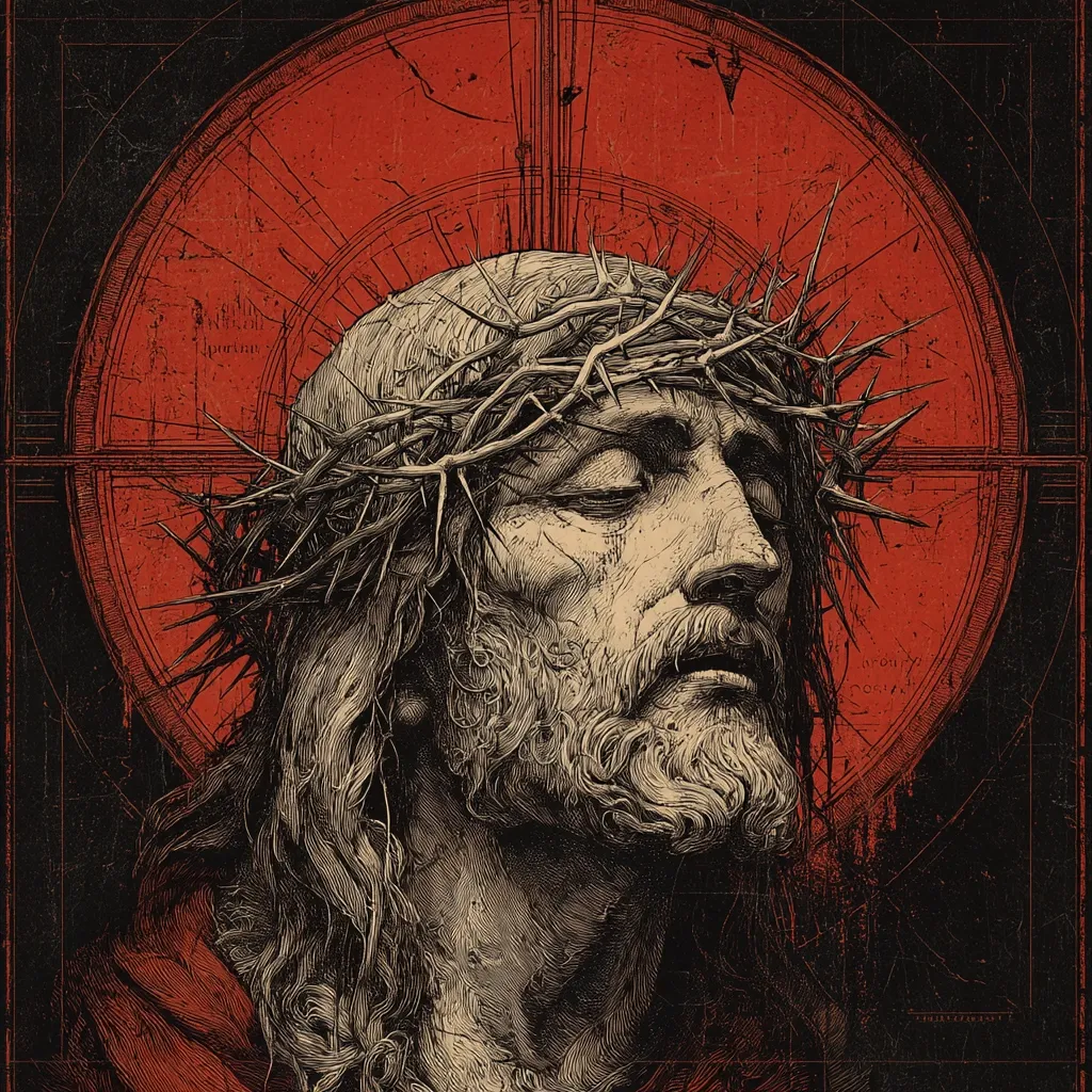 A detailed, stylized artwork depicts Jesus Christ's head and shoulders.  He wears a crown of thorns, his eyes are closed, and his expression is serene yet sorrowful. The image is rendered in a dark, almost woodcut style, with a striking red circular background featuring distressed textures and geometric lines, creating a dramatic and somber effect.  The overall style is reminiscent of religious iconography with a modern, edgy twist.
