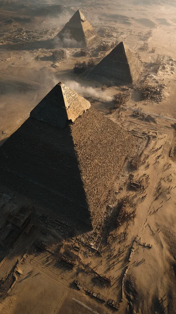 An aerial view showcases three ancient pyramids in a vast, desolate desert landscape.  The largest pyramid dominates the foreground, its shadow stretching across the surrounding sand. Smaller pyramids are visible in the distance, surrounded by the remnants of ancient structures and pathways.  The scene is bathed in the warm light of either sunrise or sunset, casting long shadows and emphasizing the scale of the ancient monuments.