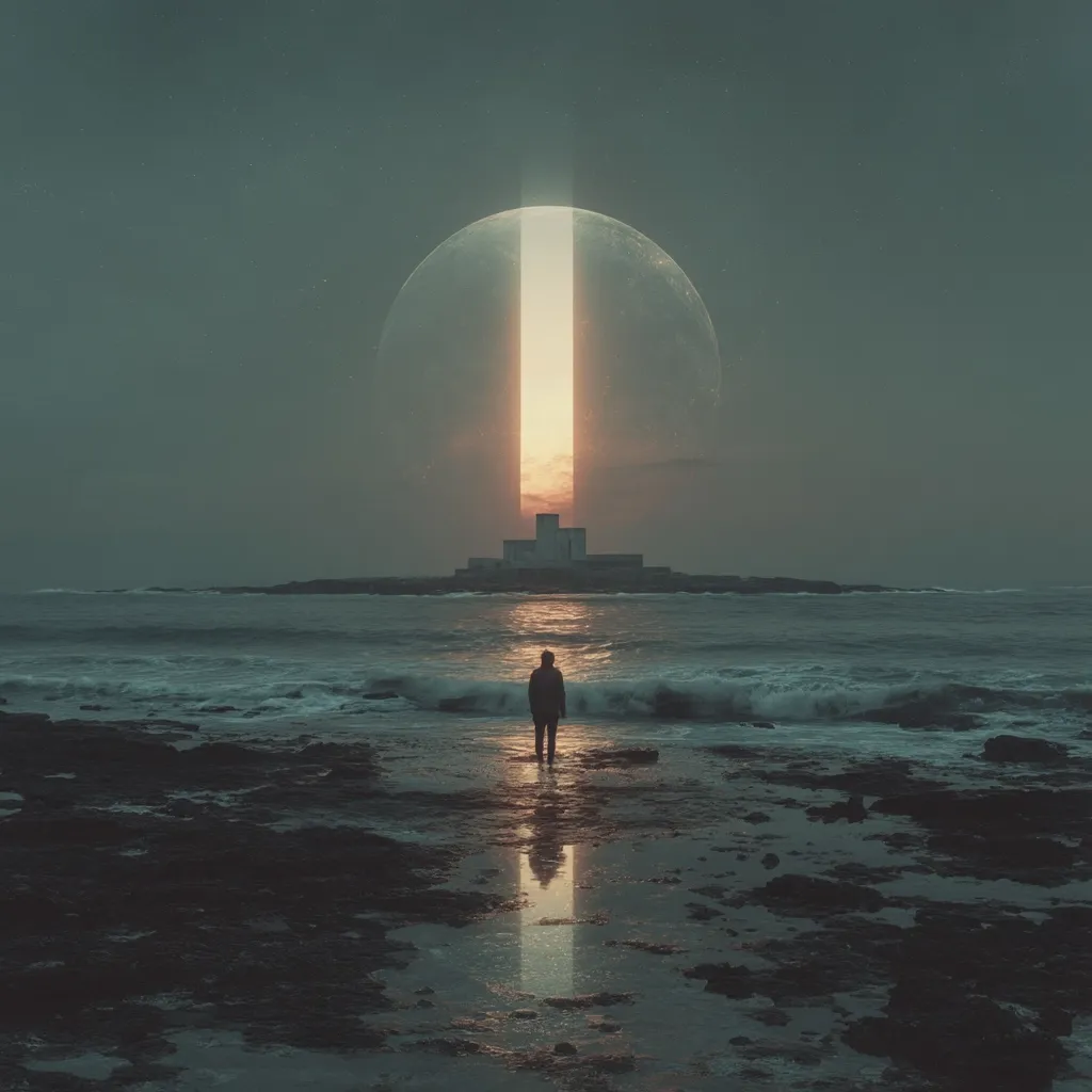 A solitary figure stands on a rocky shore, gazing at a small island.  A large, luminous orb hangs in the sky, a bright beam of light emanating from its center, illuminating a structure on the island. The scene is surreal and atmospheric, evoking feelings of mystery and contemplation. The ocean is calm, reflecting the ethereal glow. The overall tone is melancholic yet awe-inspiring.