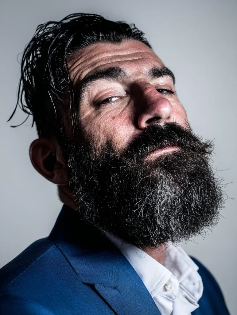 Close-up portrait of a man with a thick, dark beard and slicked-back hair. He's wearing a blue suit jacket and a white collared shirt. His expression is serious, almost pensive, his eyes half-closed. The lighting is dramatic, emphasizing the textures of his face and beard.  The overall mood is one of intensity and sophistication.