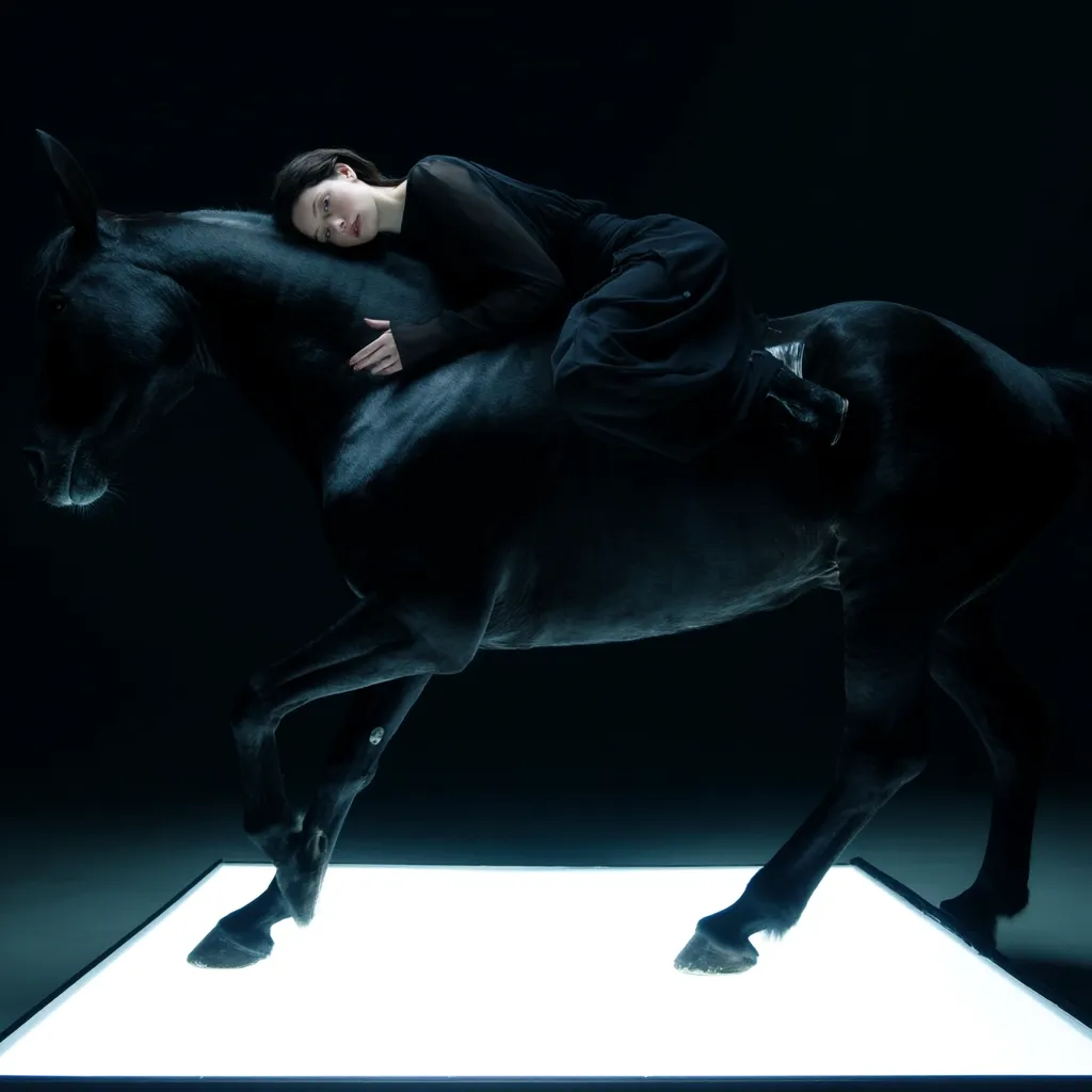 A young woman in a black dress lies across the back of a large black horse.  Both are positioned on a bright, luminous white square against a dark background. The scene is stark, dramatic, and evocative, creating a mood of mystery and quiet intensity. The woman's pose suggests rest or contemplation.