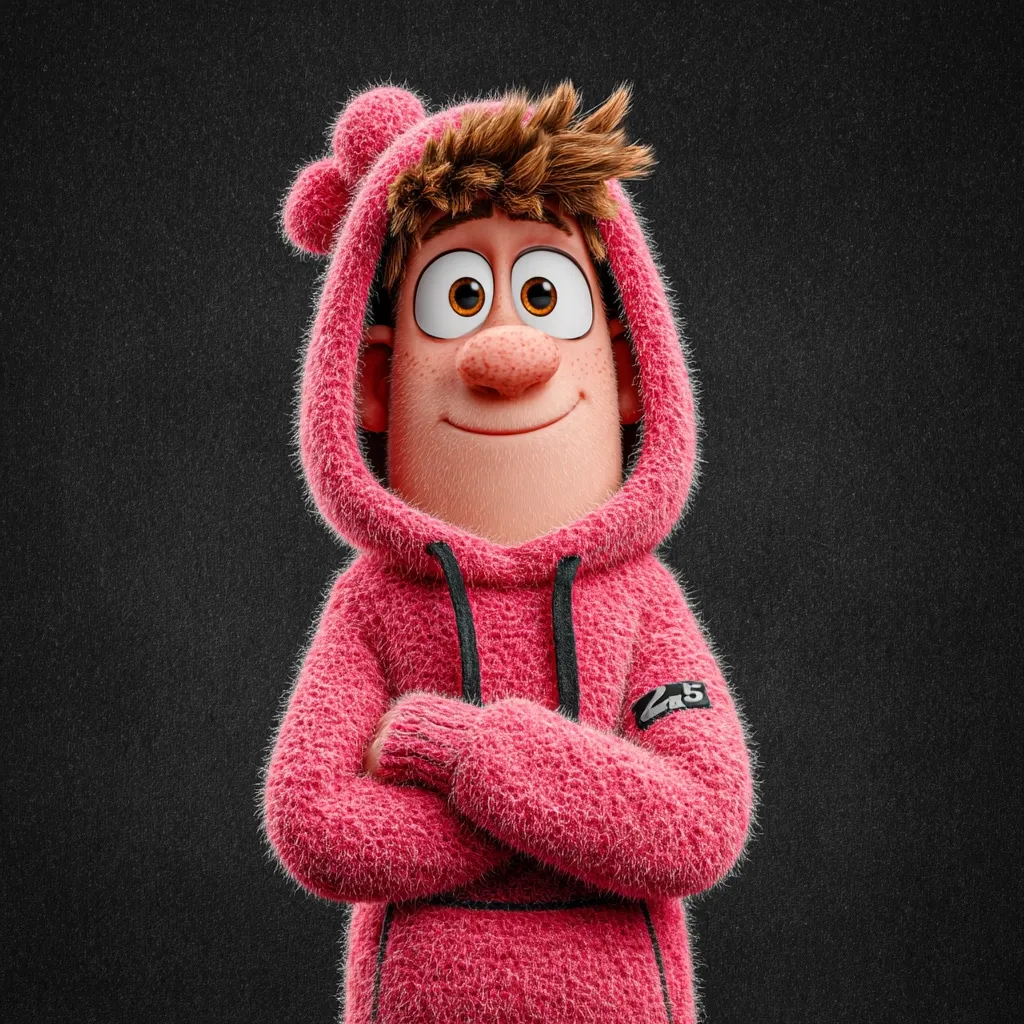 A cheerful, cartoonish boy with brown hair is depicted wearing a fluffy, pink hoodie with its hood up.  His arms are crossed, and he has a friendly, slightly mischievous expression. The hoodie features a small, dark logo on the sleeve. The overall style is playful and 3D rendered. The background is a dark, textured gray.