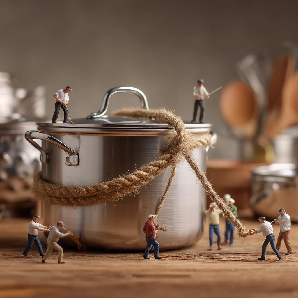 Miniature figures are shown working together to move a large, stainless steel pot secured with a thick rope.  The pot dominates the scene, surrounded by smaller kitchen utensils and other miniature people. The overall impression is one of teamwork and a seemingly impossible task, presented in a whimsical, artistic style. The setting appears to be a rustic kitchen.
