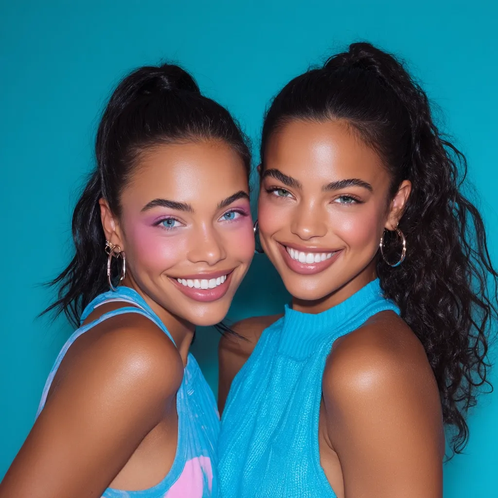 Two young women with dark hair styled in high ponytails smile closely together against a bright turquoise background.  Both wear light makeup featuring pink blush and have bright, white smiles. The woman on the left wears a pastel tie-dye tank top, while the woman on the right sports a vibrant turquoise sleeveless top.  They appear to be twins or sisters, sharing a striking resemblance.