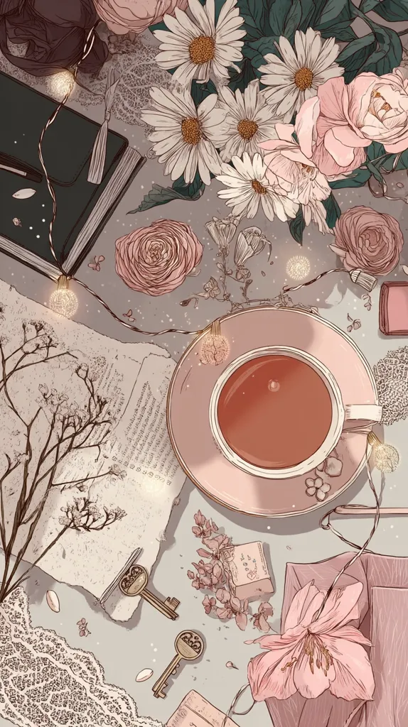 A delicate illustration showcases a tranquil scene: a cup of tea rests on a saucer amidst a scattering of pink flowers, dried blossoms, and antique keys.  A vintage book and journal lie open nearby, illuminated by a string of fairy lights. The overall aesthetic is soft, romantic, and imbued with a sense of gentle nostalgia.  Lace and small gift boxes add to the charming composition.