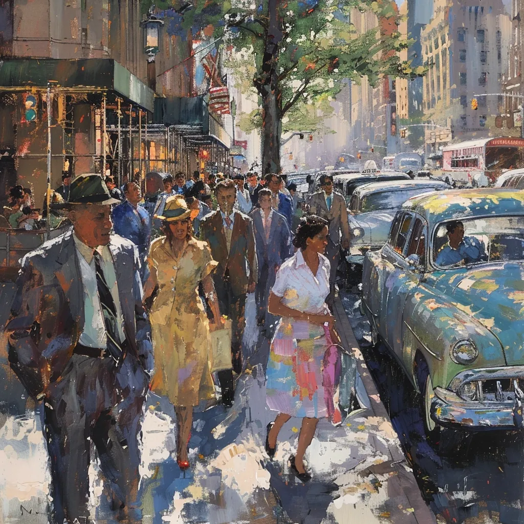 A vibrant, impressionistic painting captures a bustling city street scene, likely mid-20th century New York.  Crowds of pedestrians, dressed in period clothing, navigate sidewalks alongside vintage cars.  A large tree provides shade, and buildings with architectural details line the street. The style is loose and expressive, with visible brushstrokes adding texture and energy to the composition.  The overall effect is one of lively urban activity bathed in sunlight.