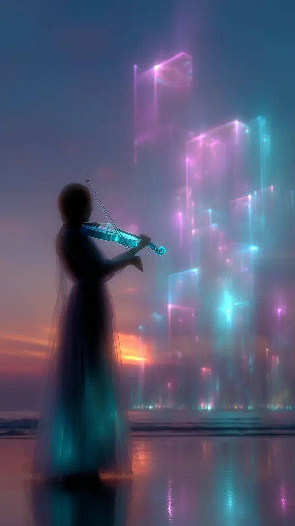 A silhouetted woman in a flowing white gown stands on a beach at sunset, playing a translucent violin.  Behind her, a futuristic cityscape shimmers with vibrant, neon-hued lights, creating a dreamy, ethereal atmosphere. The scene blends fantasy and technological elements, evoking a sense of wonder and mystery.