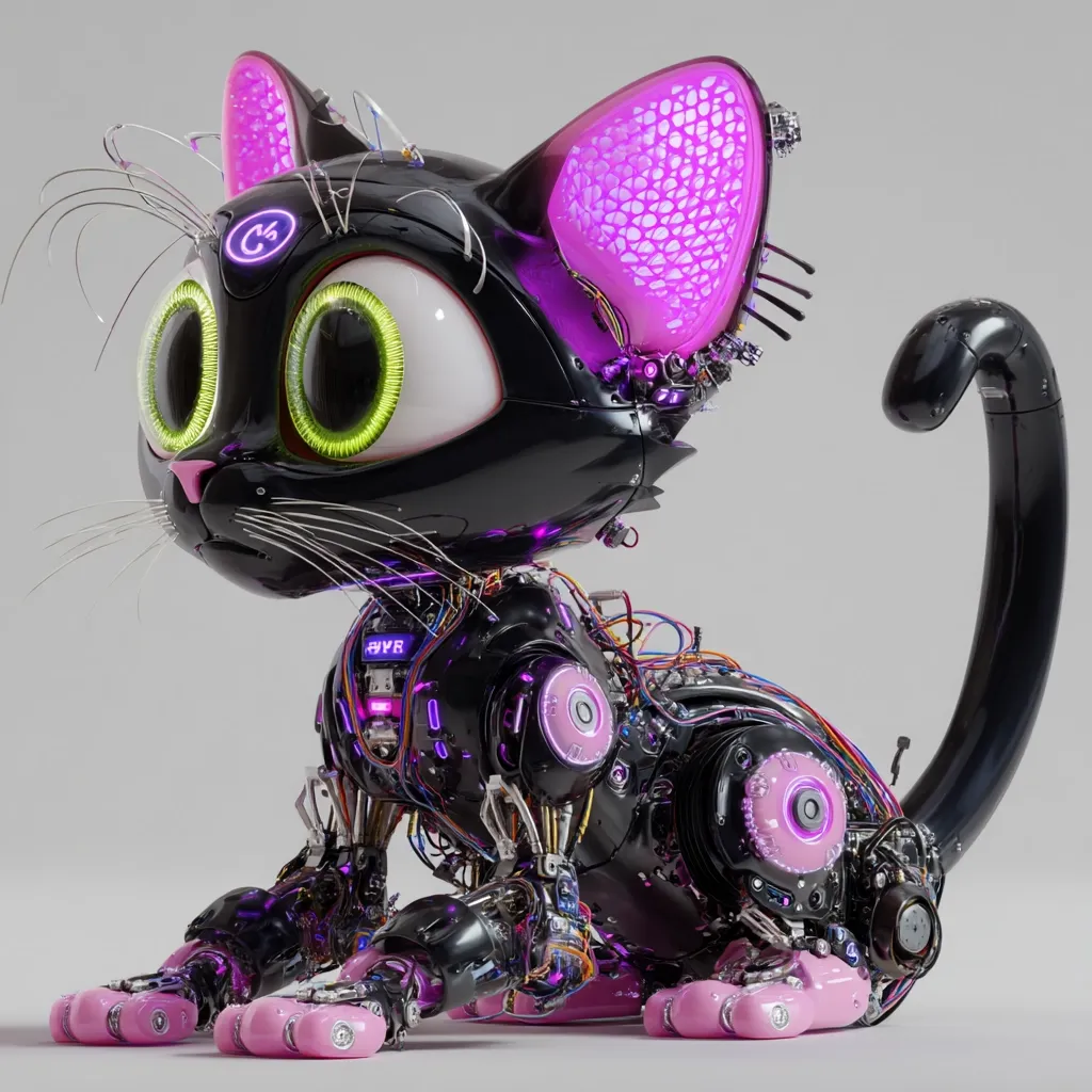 A sleek, black robotic cat sits, its glossy body revealing intricate mechanical details.  Pink accents highlight its joints and ears, which glow with an inner light.  Large, expressive eyes and delicate whiskers add a touch of whimsy to its futuristic design.  Visible wires and components showcase its complex inner workings, creating a captivating blend of technology and feline charm.