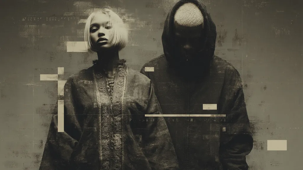 A stylized monochromatic image depicts a woman with short blonde hair and a man with a shaved head.  They are dressed in dark, textured clothing, appearing somber and serious.  The background is a distressed, grunge-style texture with overlaid geometric shapes and fragmented text, creating a mood of mystery and urban decay.  The overall aesthetic is dark, moody, and artistic.