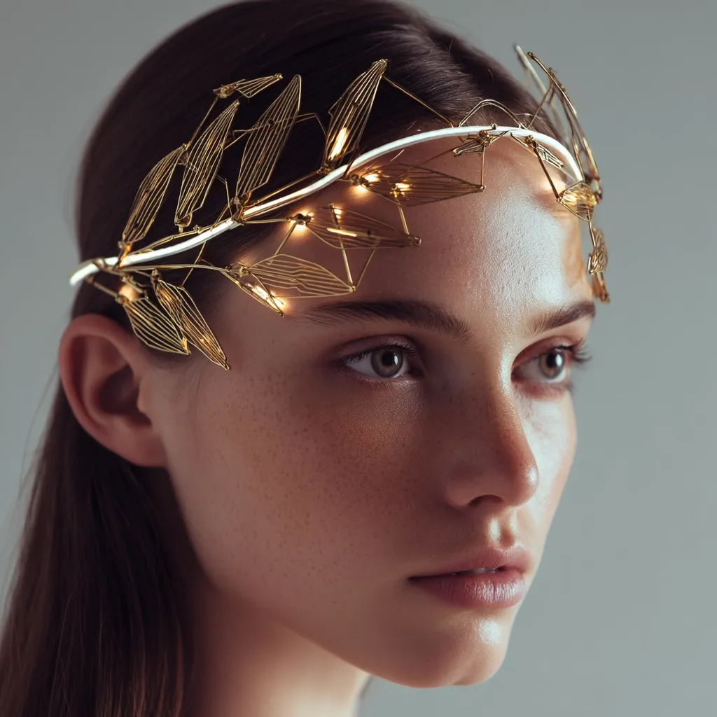 Close-up portrait of a young woman with long brown hair wearing a gold, leaf-shaped headpiece adorned with small, warm-toned lights. The headpiece resembles a crown or laurel wreath.  Her skin has freckles and a soft, natural glow. She gazes thoughtfully to her right. The overall aesthetic is ethereal and elegant.