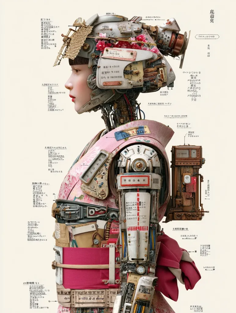 A detailed illustration showcases a geisha-like android, meticulously crafted from an assemblage of clockwork mechanisms, vintage trinkets, and fabric.  The intricate design reveals internal components alongside the external appearance of a traditional Japanese kimono.  Text surrounding the figure provides annotations in Japanese, likely detailing the construction and components.  The image blends elements of steampunk aesthetics with Japanese cultural motifs.