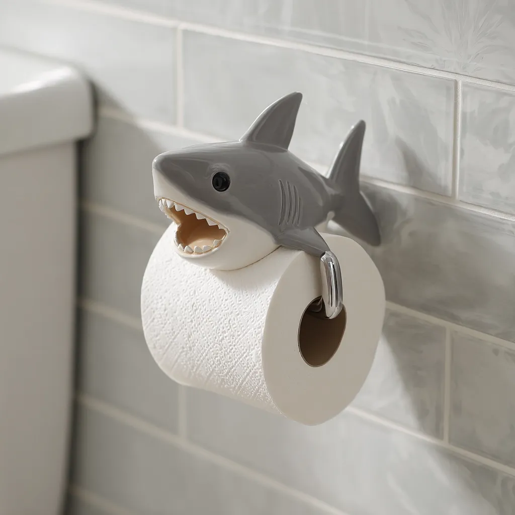 A grey ceramic shark holds a roll of toilet paper.  The shark-shaped toilet paper holder is mounted on a grey tiled wall in a bathroom.  The shark's mouth is open, revealing sharp teeth.  The design is playful and adds a unique touch to the bathroom decor.