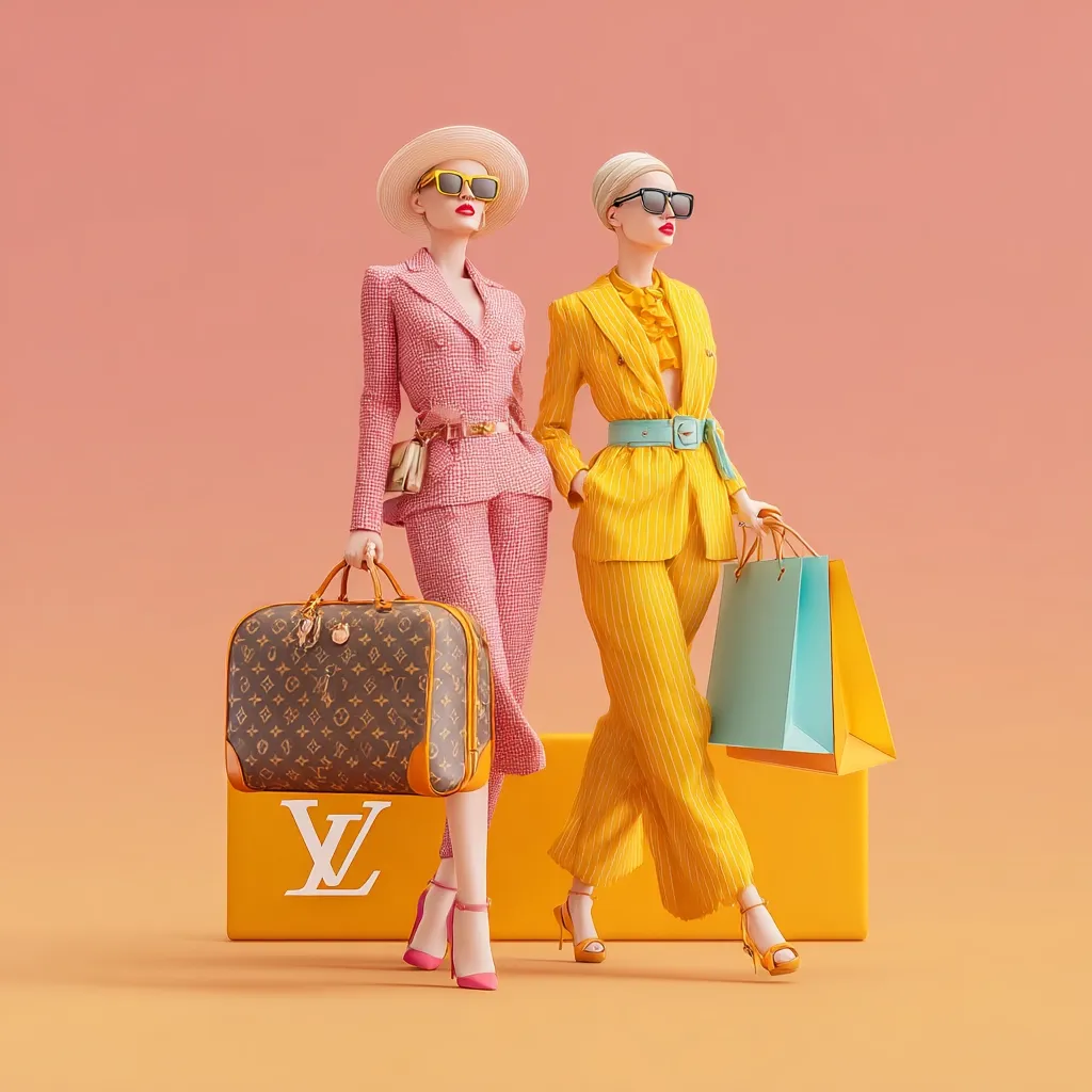 Two stylish women in pastel pink and yellow pinstripe suits strut confidently, showcasing high fashion.  One carries a Louis Vuitton handbag, while the other holds shopping bags.  They are depicted against a soft pink backdrop with a bright yellow platform beneath them, creating a vibrant and modern image. The overall aesthetic is one of luxury and chic shopping.