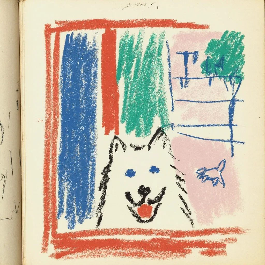 A childlike pastel drawing depicts a white dog's head, smiling, within a red-bordered frame.  The background features bold strokes of blue, red, and green, suggesting a landscape or interior scene.  A small, indistinct figure appears in the lower right, and a hint of a tree is visible in the upper right corner. The overall style is simplistic and expressive, indicative of a young artist's work.