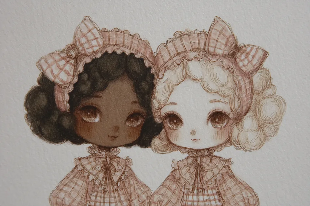 A charming illustration depicts two adorable dolls, side-by-side.  One doll has dark brown, curly hair, while the other has light blonde, fluffy curls. Both wear matching light pink gingham dresses and headbands adorned with bows.  Their large eyes and delicate features contribute to a sweet and innocent aesthetic. The sepia tones create a vintage feel.