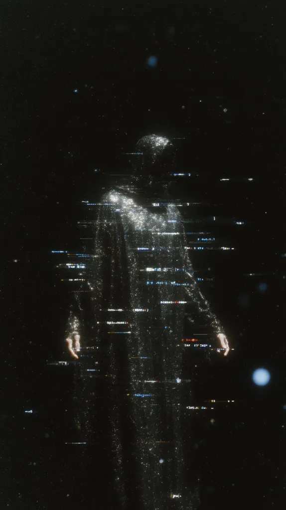 A figure, cloaked in a shimmering, glittery garment, stands against a dark, space-like backdrop speckled with light points.  The image is overlaid with streaks of digital glitch effects, resembling data streams or corrupted signals. The figure's form is partially obscured, adding to the mysterious and ethereal ambiance. The overall mood is dark, futuristic, and slightly unsettling.