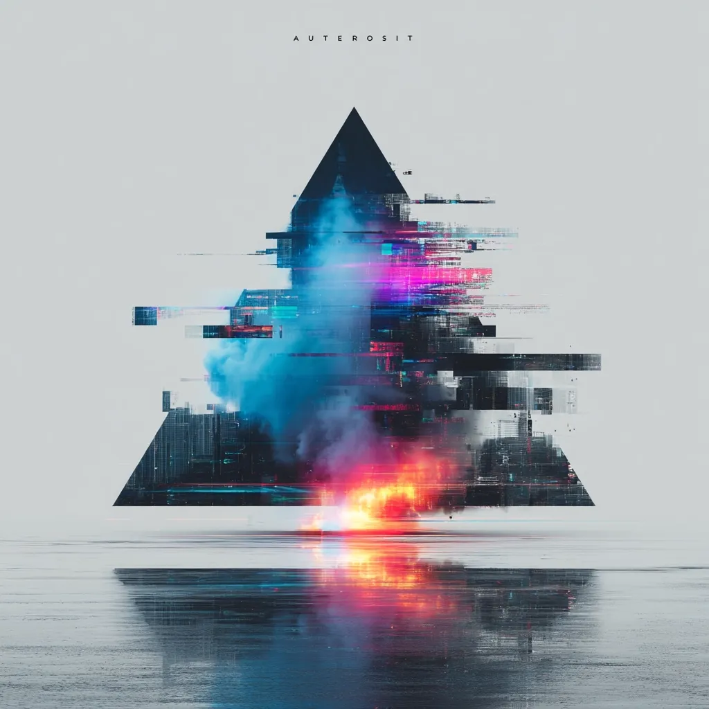 A digital artwork titled “AUTEROSIT” depicts a dark, triangular structure engulfed in vibrant, glitching digital smoke.  Blues and pinks dominate the smoke, contrasting with an orange fire at the base. The scene is reflected in a calm, still body of water. The overall style is futuristic and abstract, hinting at technological destruction or transformation.