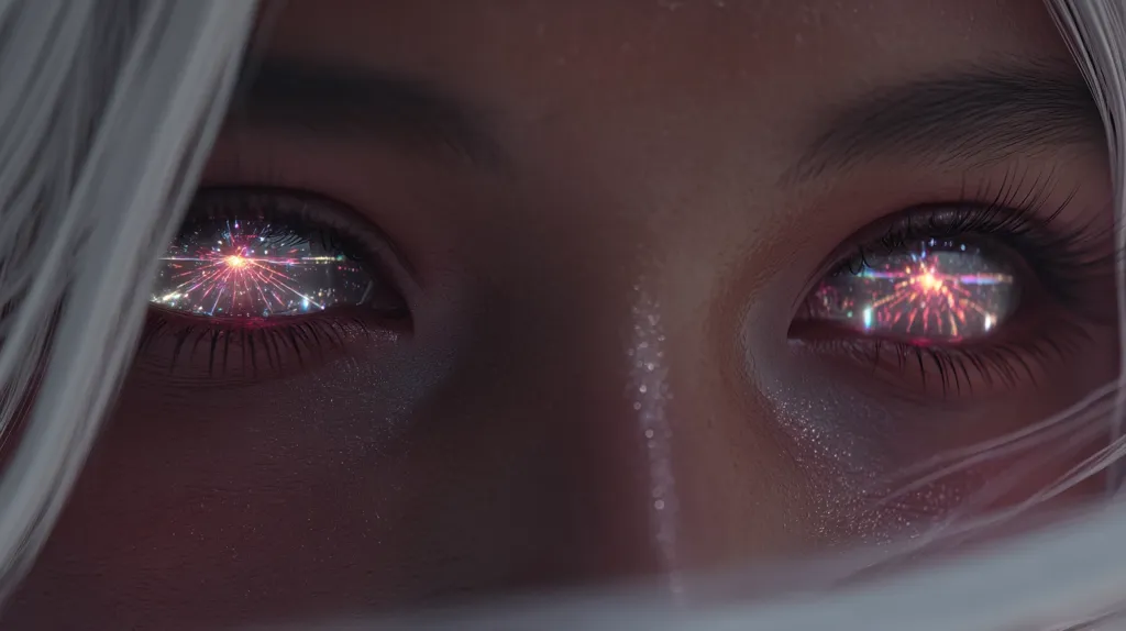 Close-up of a woman's eyes, reflecting a vibrant, firework-like spectacle.  Her pale skin and white hair frame the mesmerizing display within her pupils. The image evokes a futuristic or surreal aesthetic, suggesting a connection to technology or a dreamlike state.  A veil or fabric partially obscures the lower portion of her face.