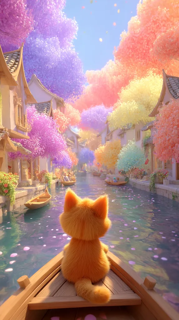 A fluffy orange kitten sits in a small wooden boat on a calm canal.  Pastel-colored trees line the waterway, creating a whimsical, dreamlike atmosphere.  The buildings along the canal are in an Asian architectural style.  Pink petals float on the water, adding to the magical scene. The overall impression is one of serenity and fantasy.